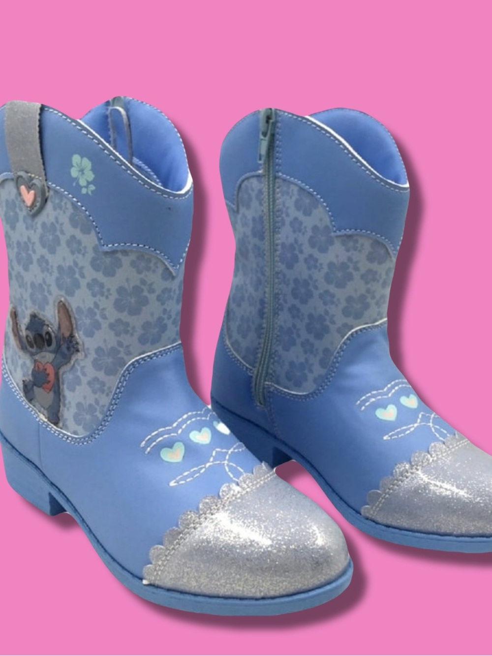 Disney Blue Girls' Stitch Cowboy Boots with Silver Glitter Toes